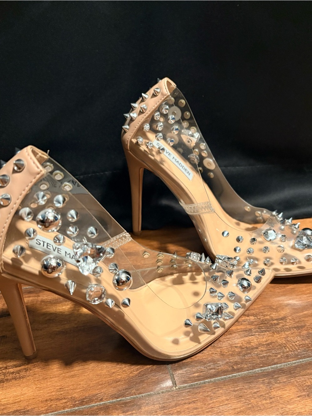 Steve Madden Nude Clear Spike & Crystal Embellished Stiletto Pumps